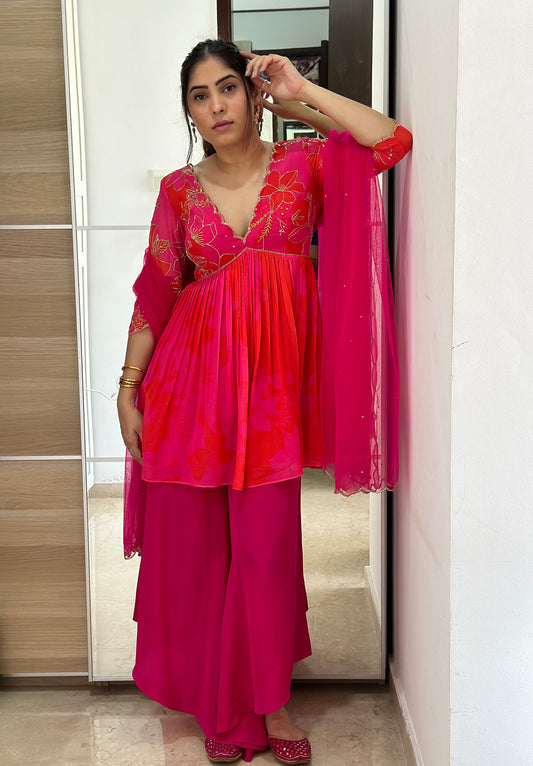 Pink and Red Printed Peplum Festive Kurti Set