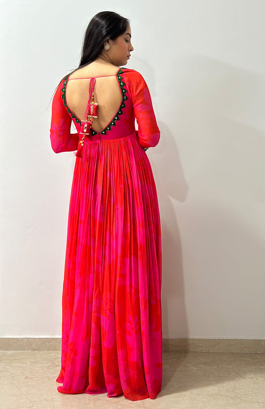 Pink and Red Printed cut-out Designer Anarkali Set