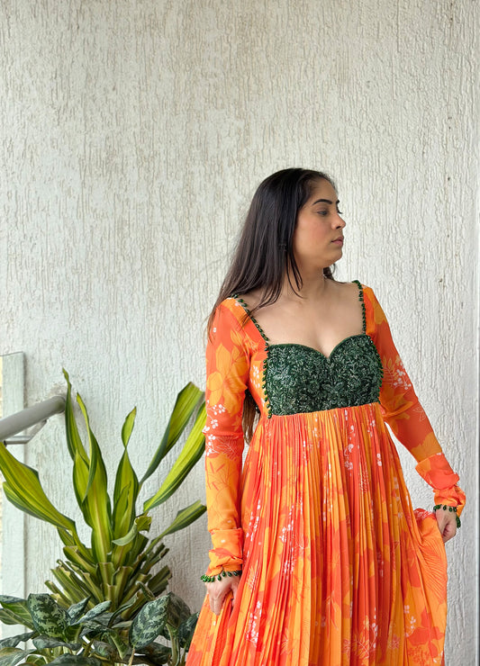 Yellow and Orange Printed Green Work Anarkali Set