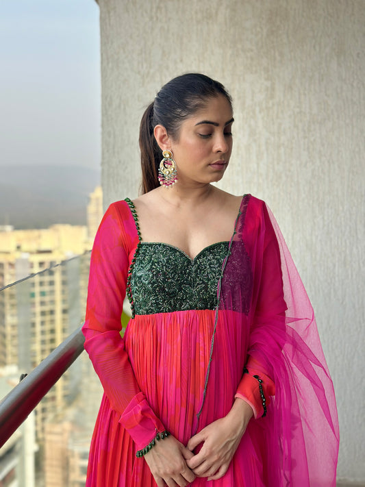 Pink and Red Printed Green Work Wedding Guest Anarkali Set