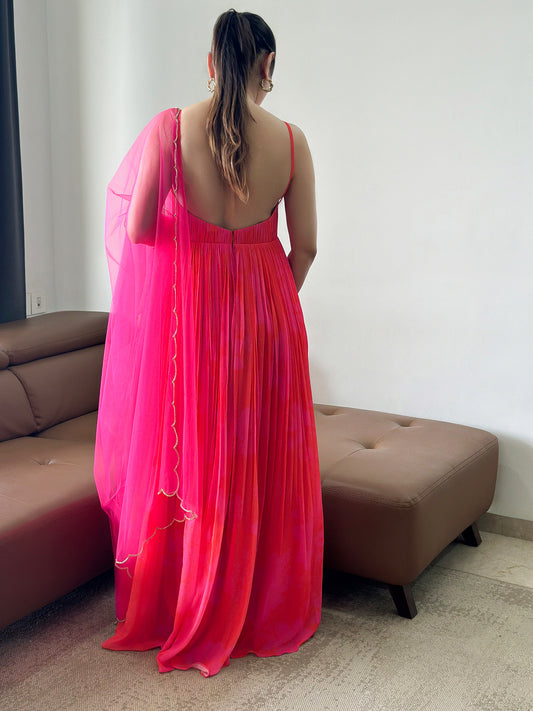 Pink and Red Printed Strappy Ruched Festive Anarkali Set