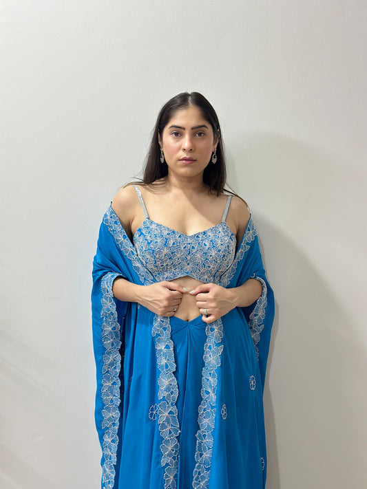 Teal Blue Tulip Skirt with Cape Shades of Blue Designer Wear