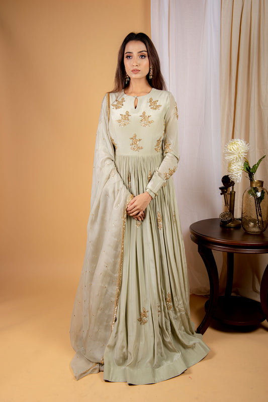 Mint Green Pleated Anarkali With Dupatta