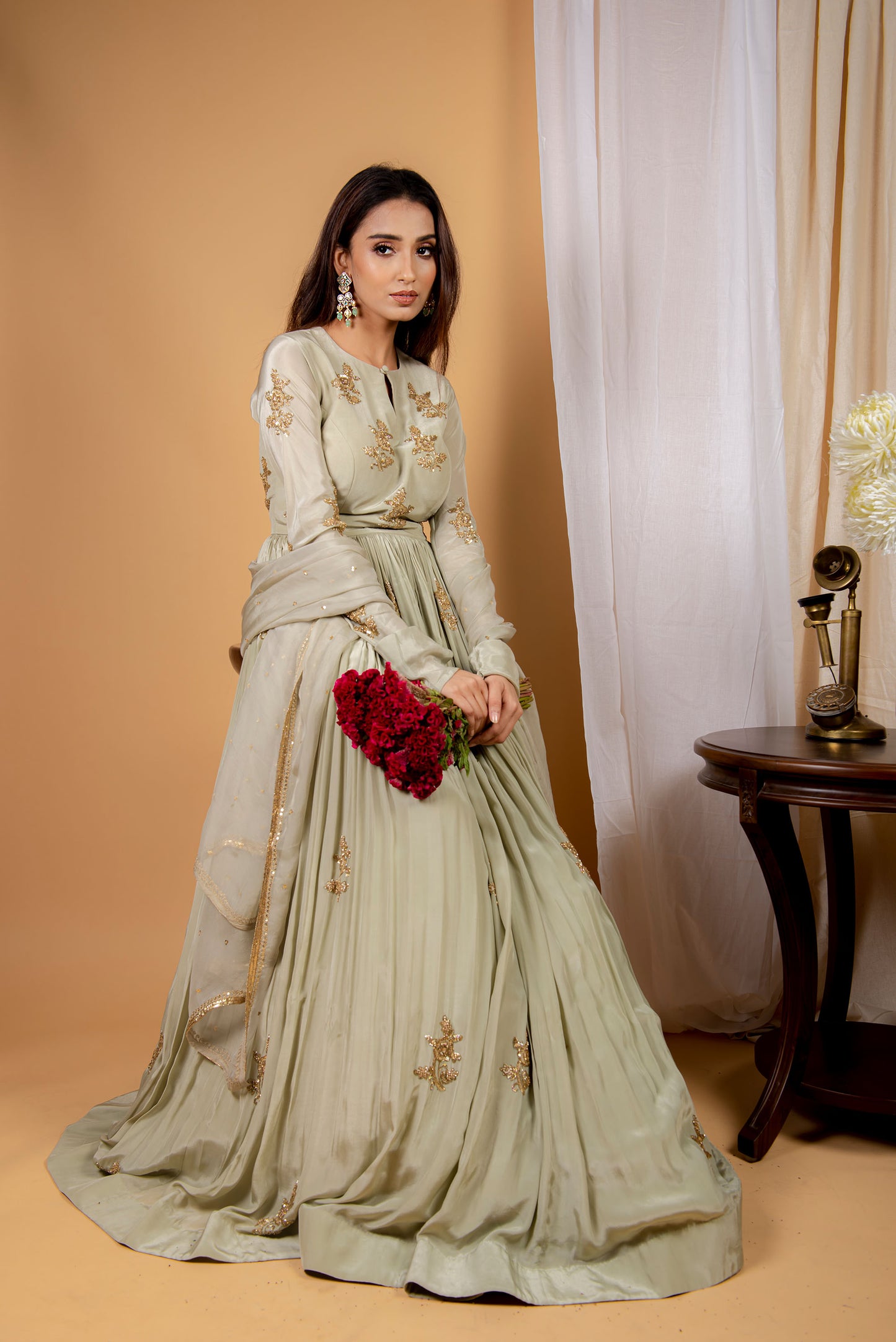Mint Green Pleated Anarkali With Dupatta