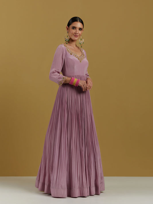 Purple Lavender embroidered Organza Anarkali set