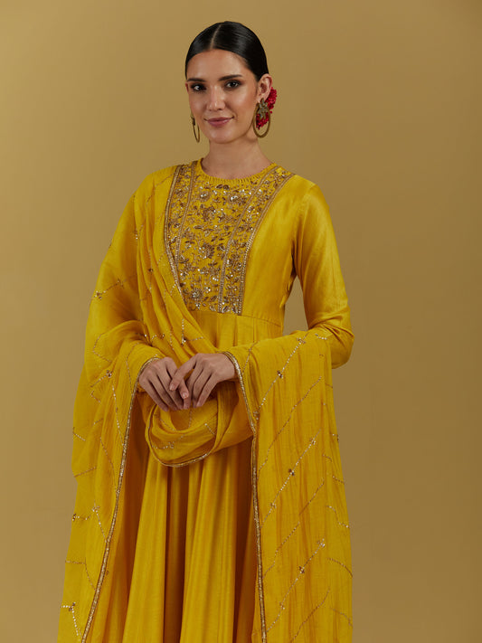Yellow Chanderi Silk Hand Embroidered Anarkali Set