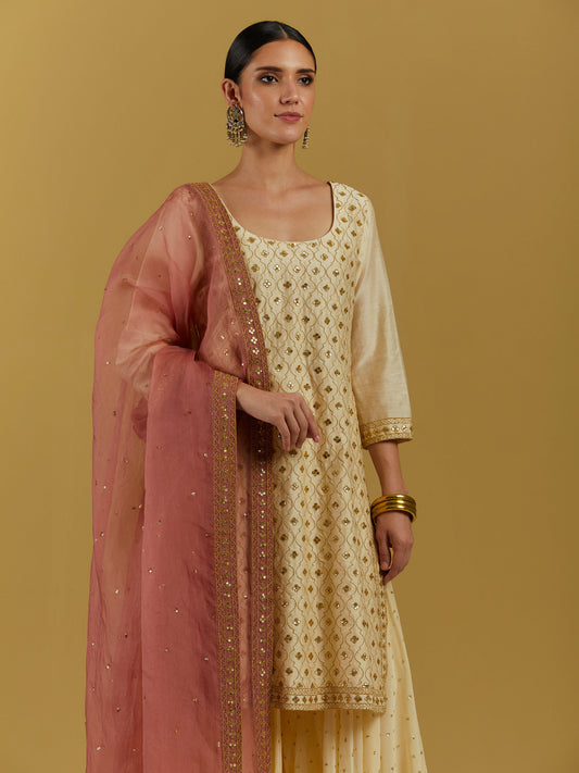 Beige Chanderi Silk Beige & pink Hand Embroidered Sharara