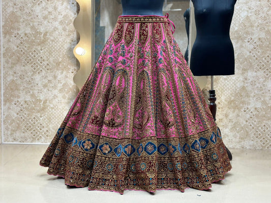 Hot Pink Raw Silk Hand Embroidered Antique work Bridal Lehenga