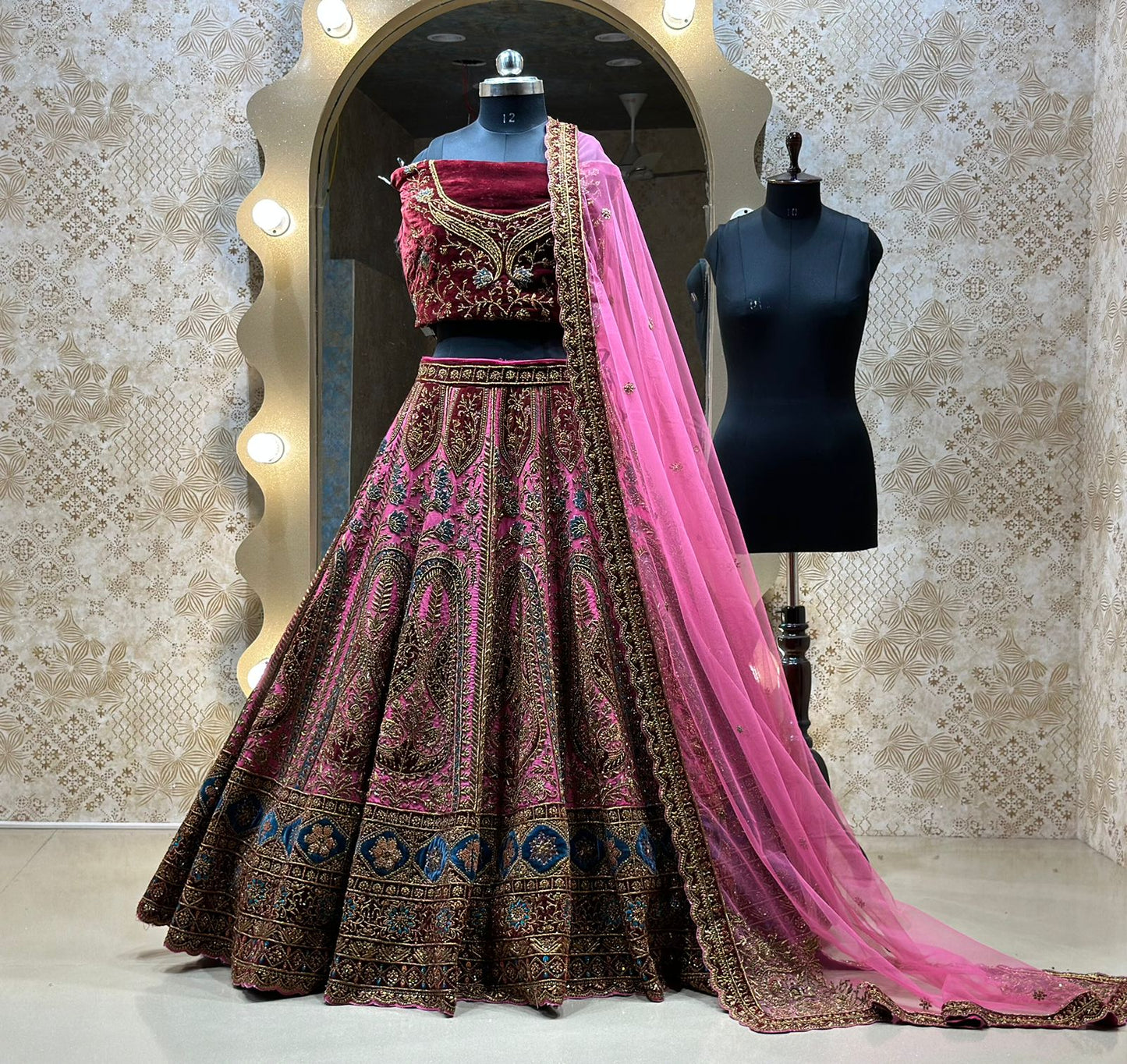 Hot Pink Raw Silk Hand Embroidered Antique work Bridal Lehenga