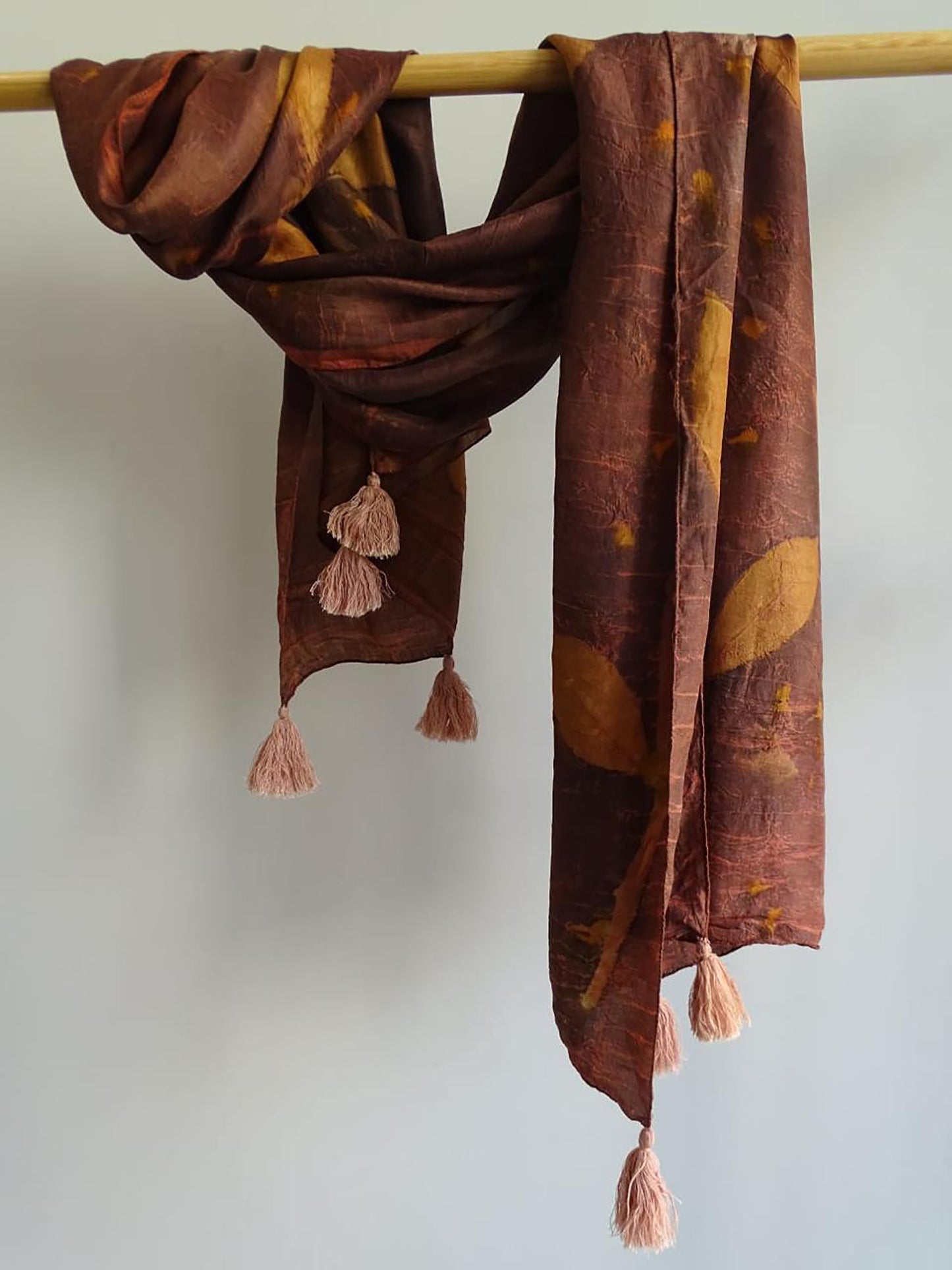 Black Forest Silk Chocolate Brown Scarf Hand-Dyed Catechu Tones with Eco-Printed Leaves