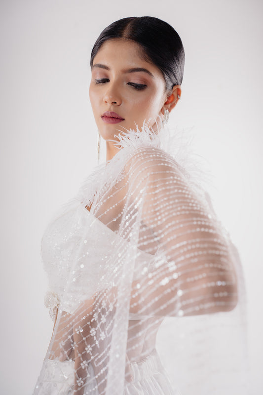 Royal White Two Layer Asymmetric Skirt with Crop Top Embellished with Fur