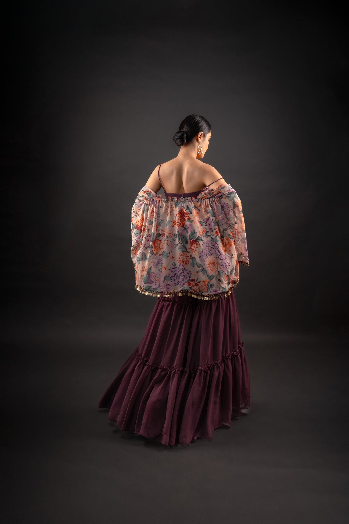 Wine Gharara Pants with Floral Printed Cape and Spaghetti Crop-Top
