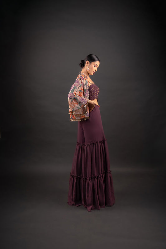 Wine Gharara Pants with Floral Printed Cape and Spaghetti Crop-Top