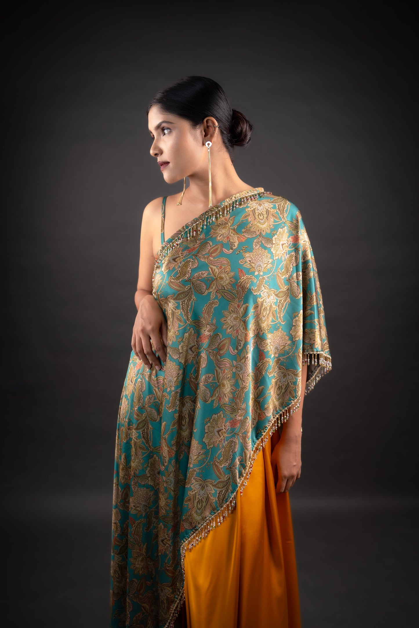 Paisley Printed One Shoulder Cape with Mustard Yellow Box Pleated Palazzo Pants