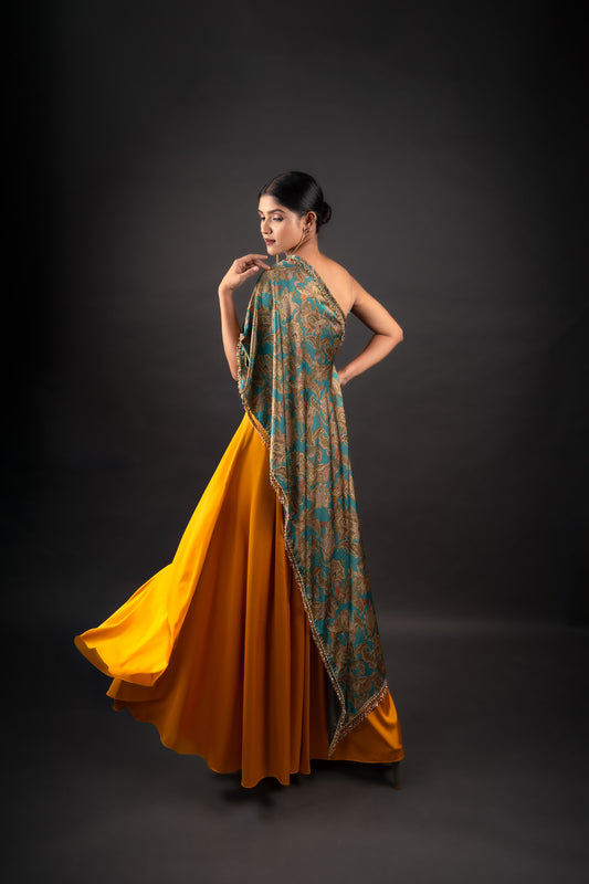 Paisley Printed One Shoulder Cape with Mustard Yellow Box Pleated Palazzo Pants