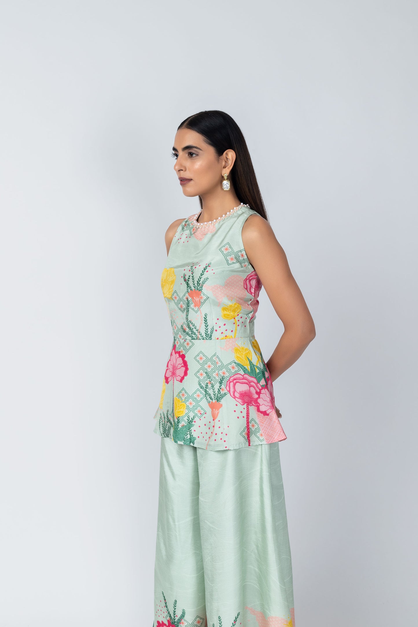 Ananda Aquatic Floral Peplum Top & Textured Palazzo Pants Set