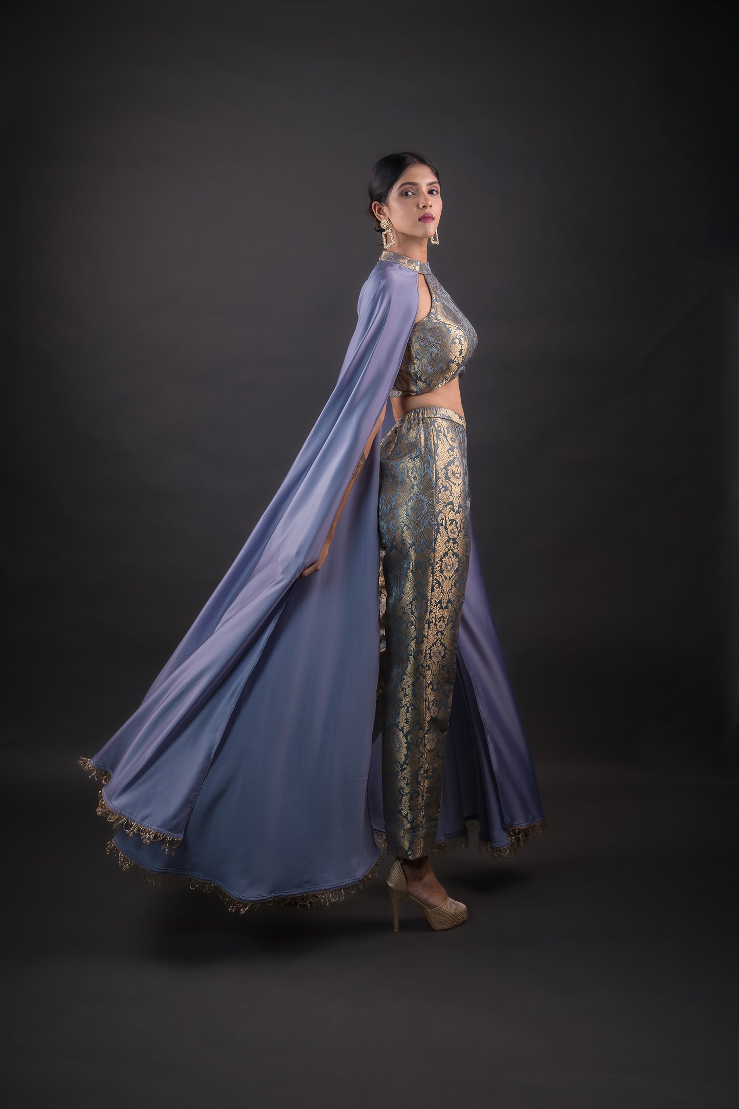 Steel grey ideal brocade crop top paired with Cigar pants