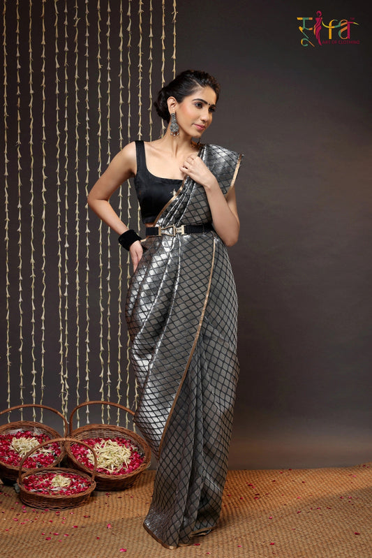 Handloom Silver & Black Chanderi Pure Silk Saree