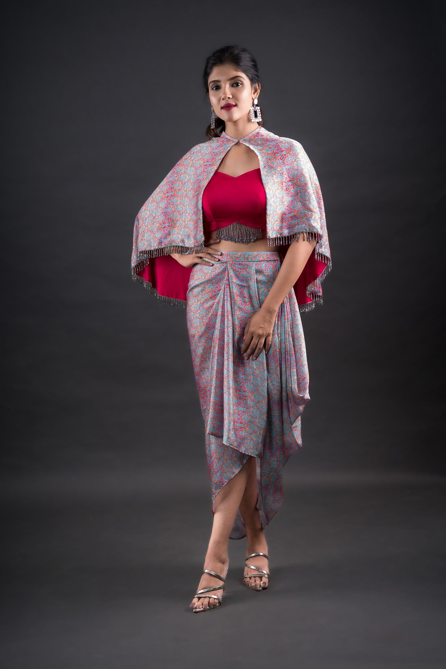 Hot pink crop Top with printed draped skirt and matching cape