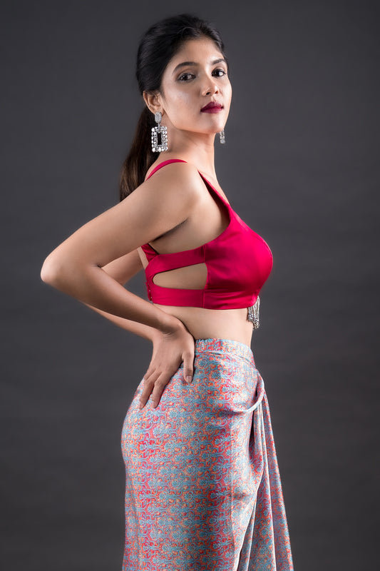 Hot pink crop Top with printed draped skirt and matching cape