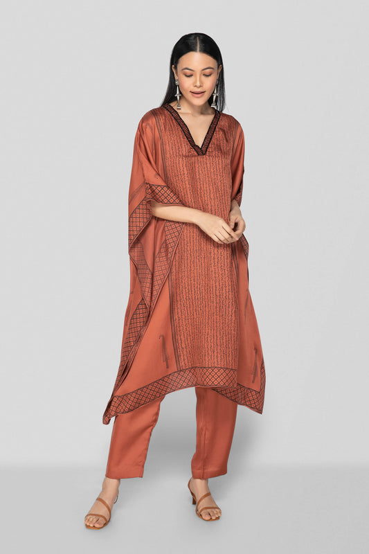 Dark Peach Hand Block Printed Kaftan Set- Sanjeev Marwaaha