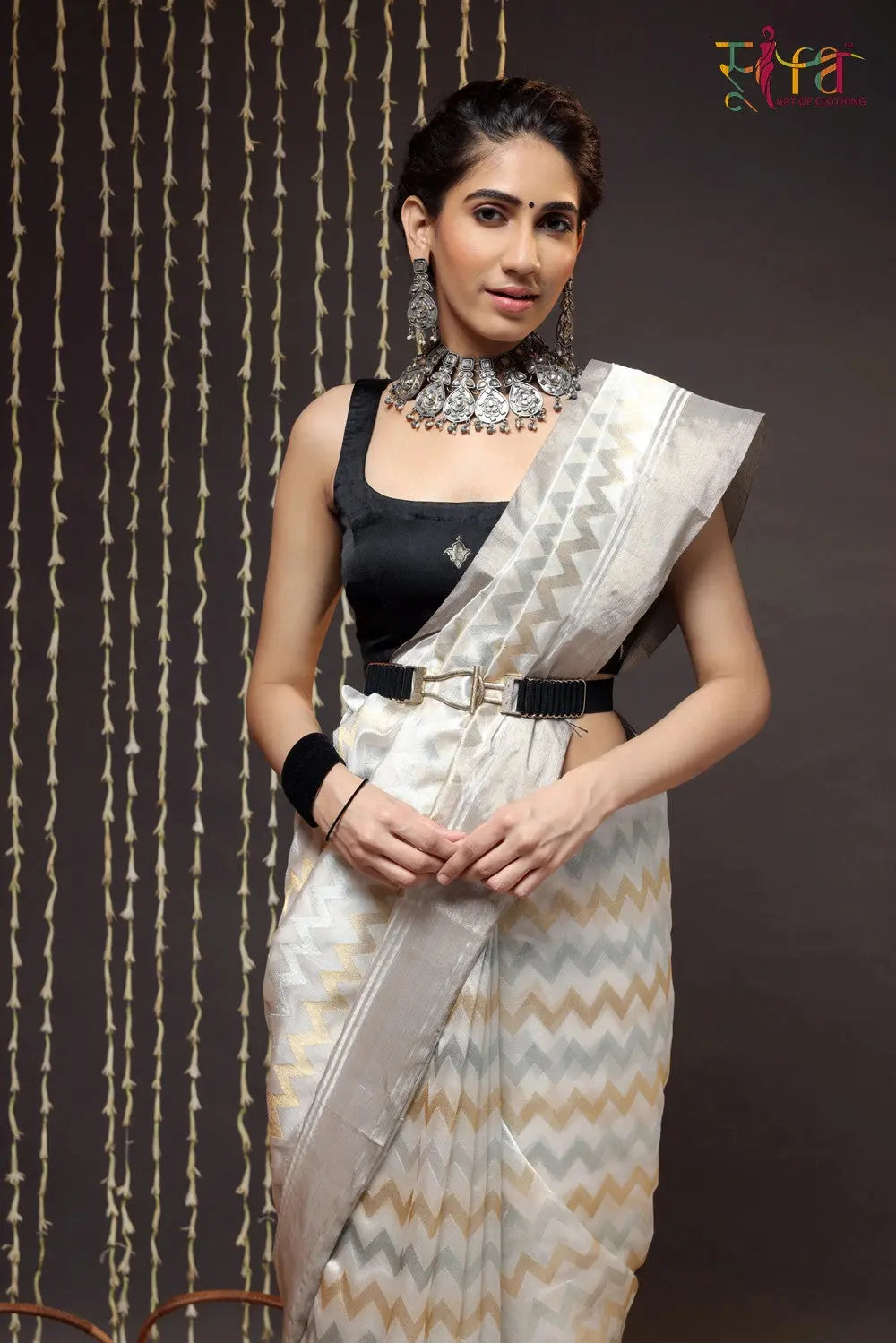 Handloom White Chanderi Pure Silk Saree With Silver Border