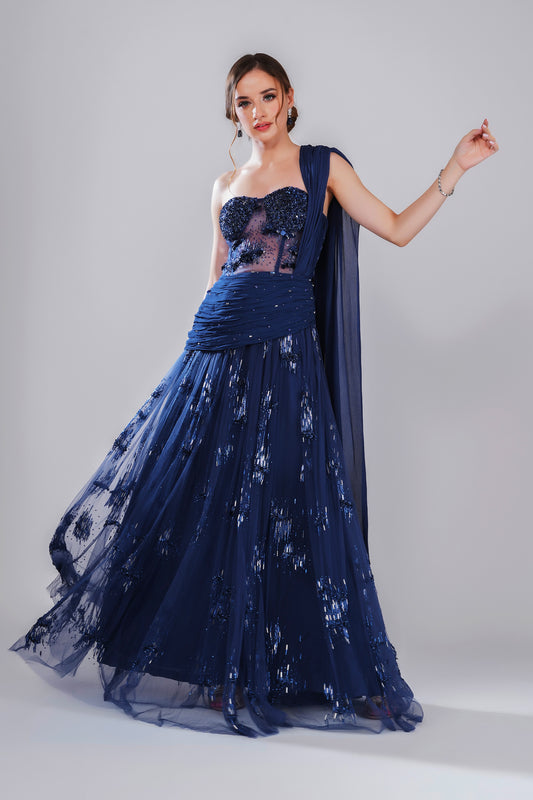 Astral Eon Deep Blue Tulle Sangeet Gown