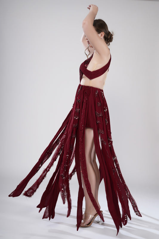 Crimson flames Red Tulle Party Wear Gown