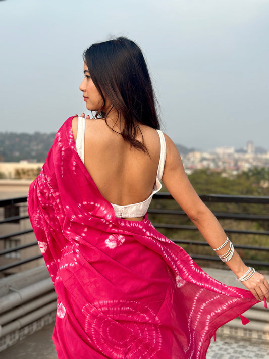 Raani Pink - Tie & Dye Shibori Print Natural Dyed - Mulmul Cotton Saree