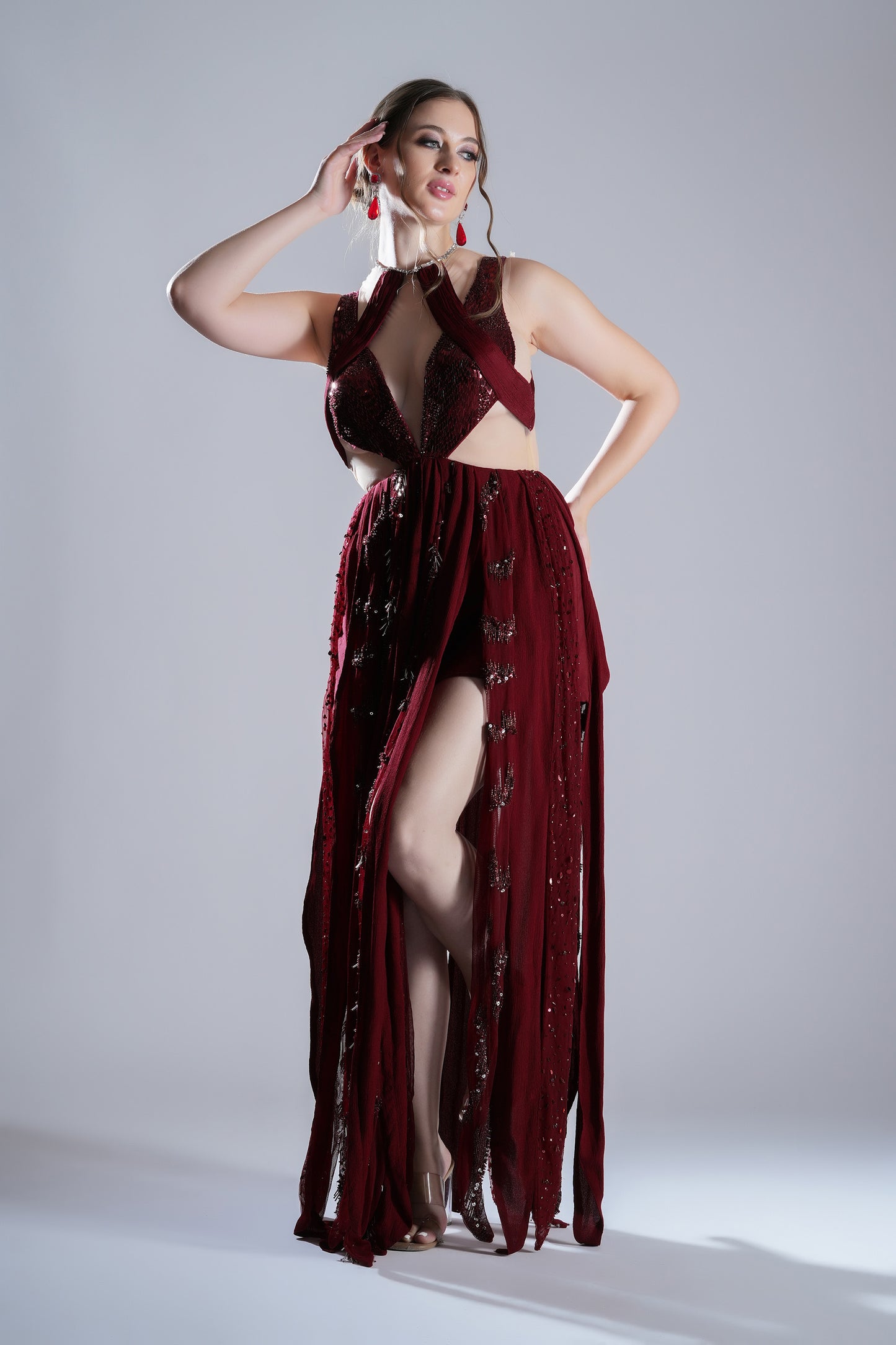 Crimson flames Red Tulle Party Wear Gown
