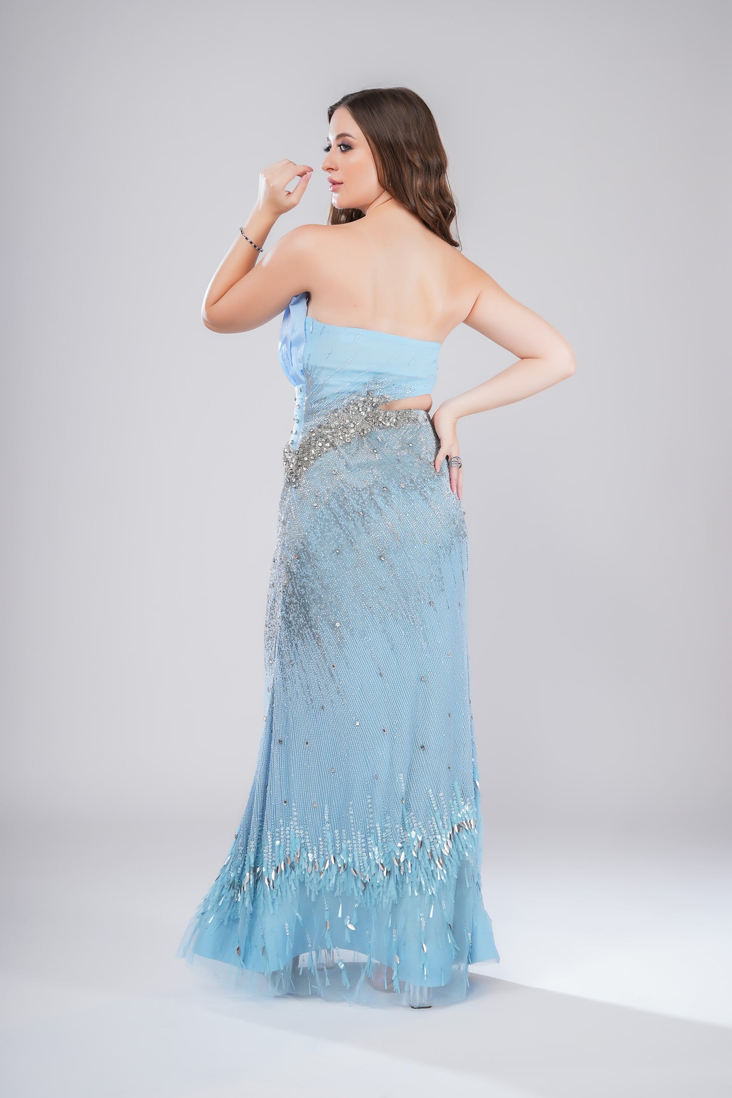 Atasi Cloque Ice Blue Tulle Party Wear Gown