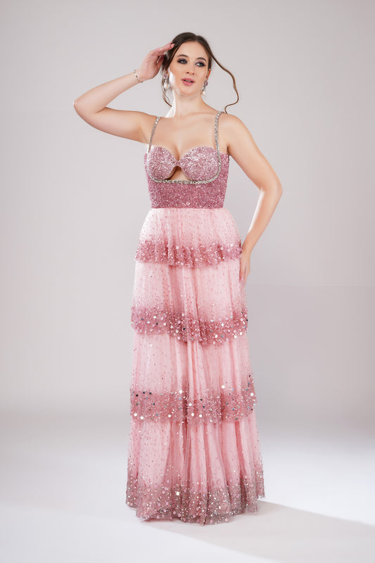 Amethyst Cascade Pink Tulle Party Wear Gown