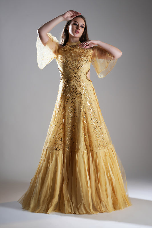 Sunlit serande Golden Tulle Sangeet Gown
