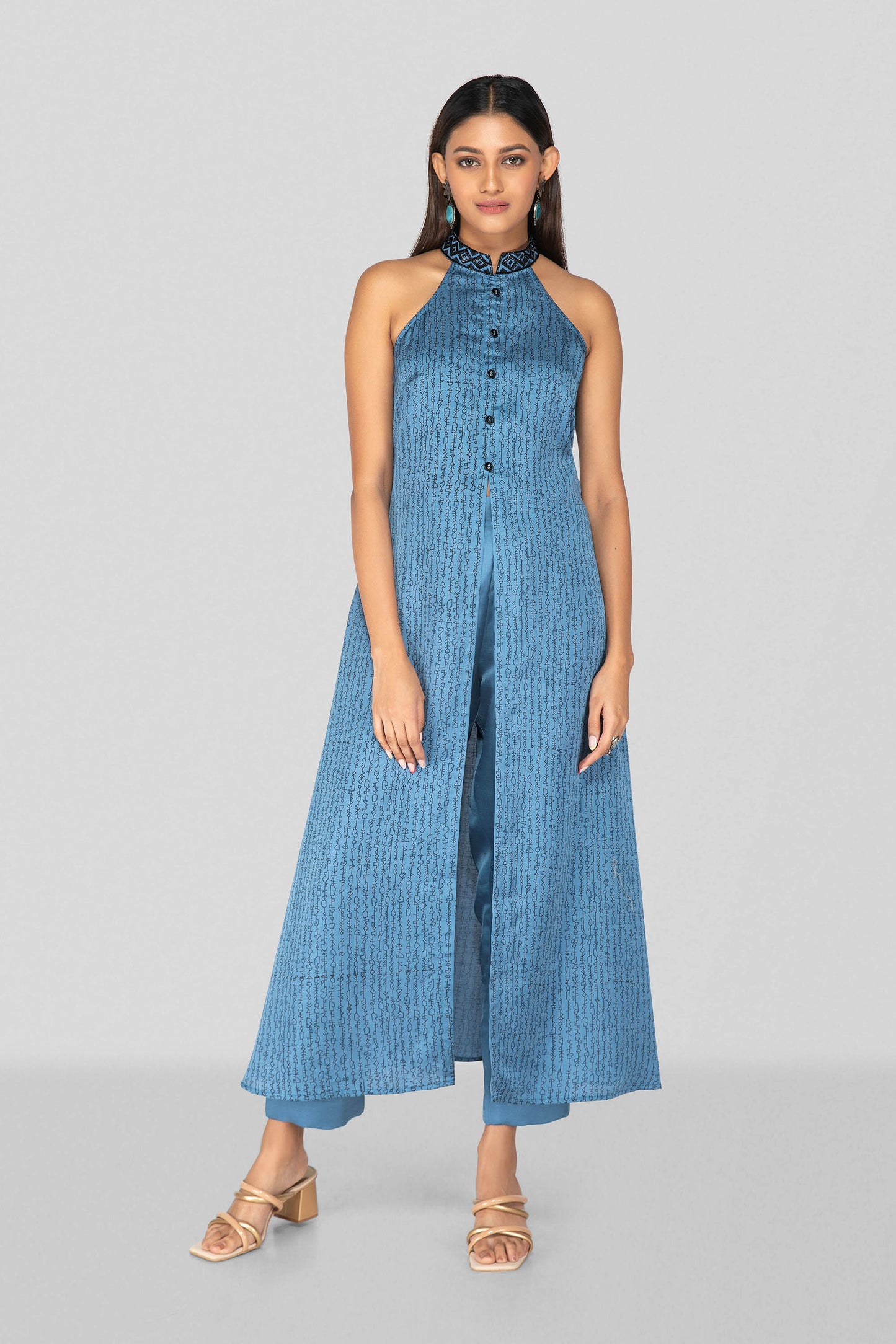 Command Blue Hand Block Printed Halter Neck Co-ord Set