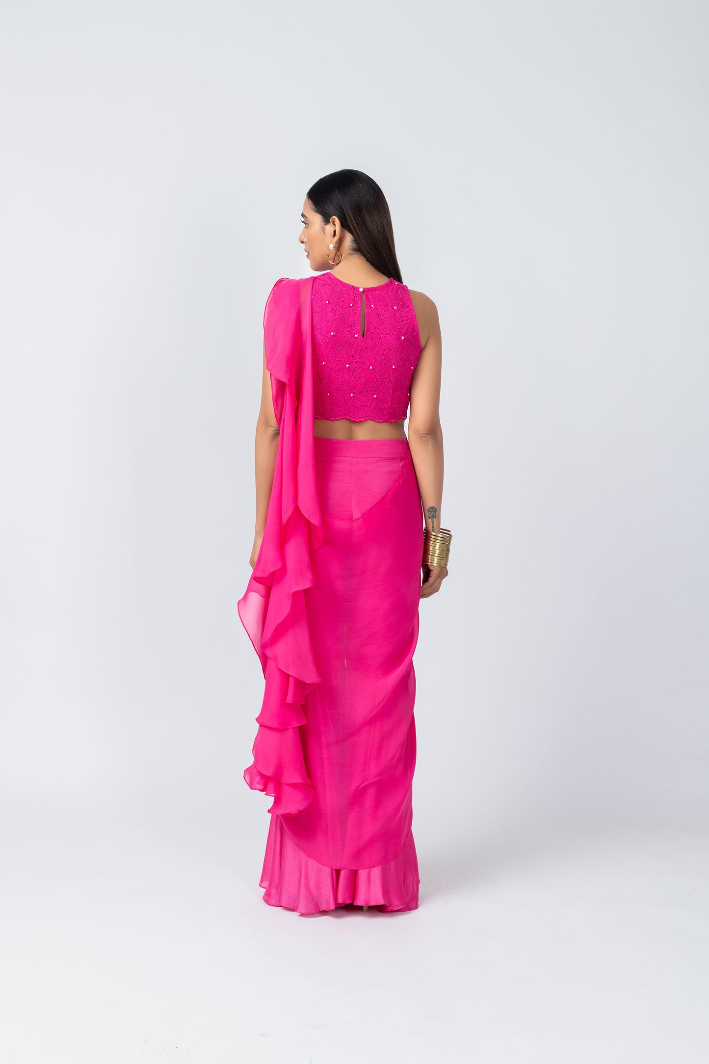 Bebo Hot Pink Organza Halter Neck schiffli embroidery Top & Sharara Set
