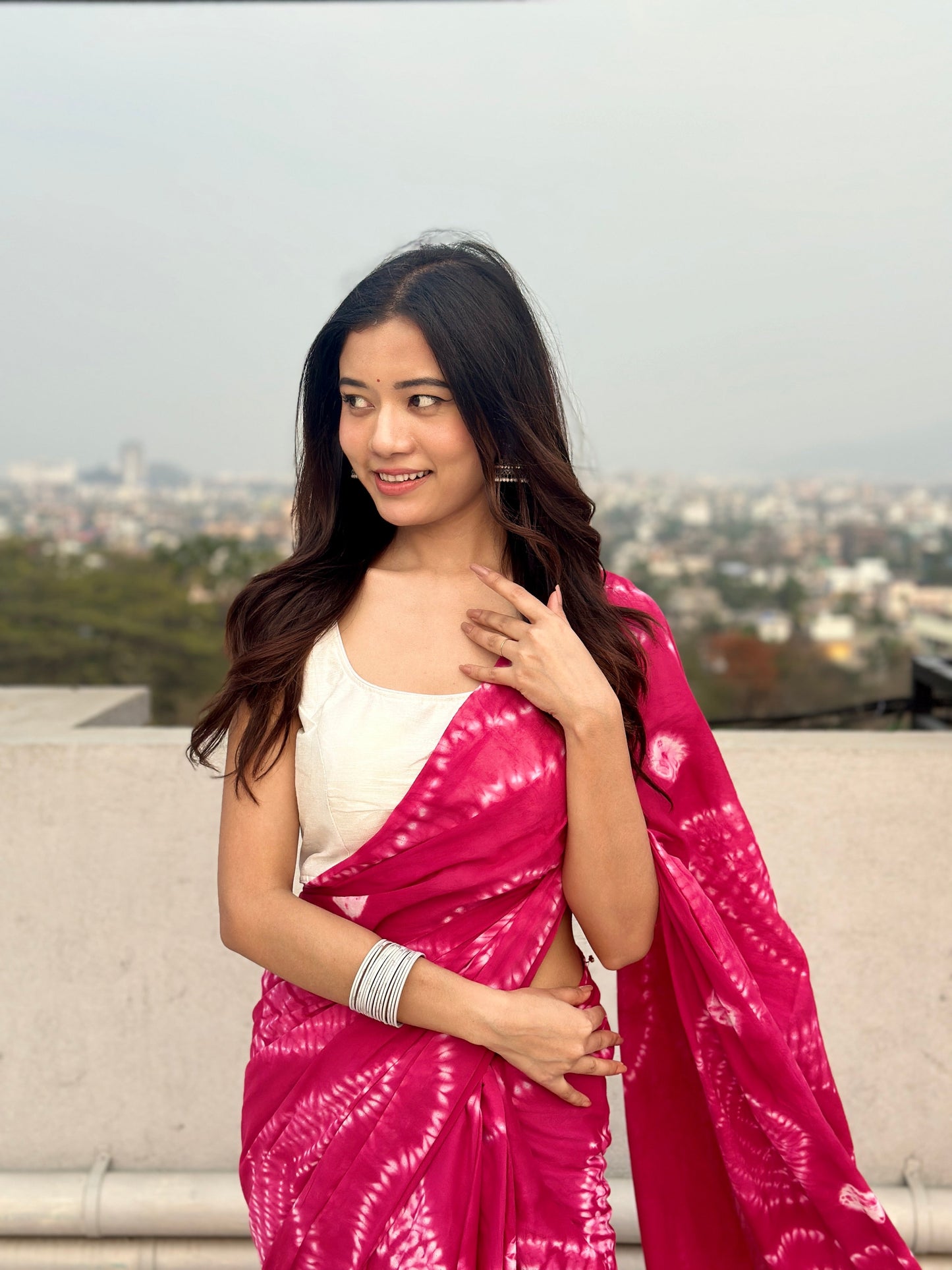 Raani Pink - Tie & Dye Shibori Print Natural Dyed - Mulmul Cotton Saree