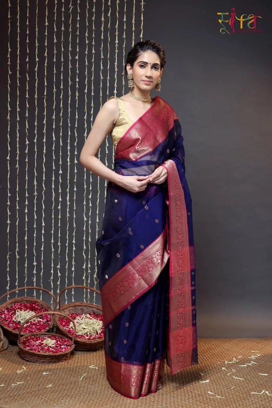 Navy Blue Handloom Chanderi Pure Katan Silk Saree With Hot Pink Border