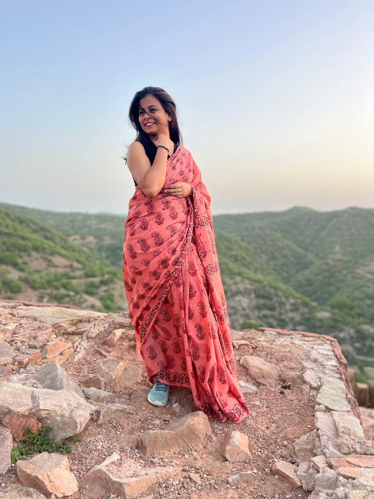 Jaipur Pink - Pink Handblock Print Natural Dyed - Mulmul Cotton Saree