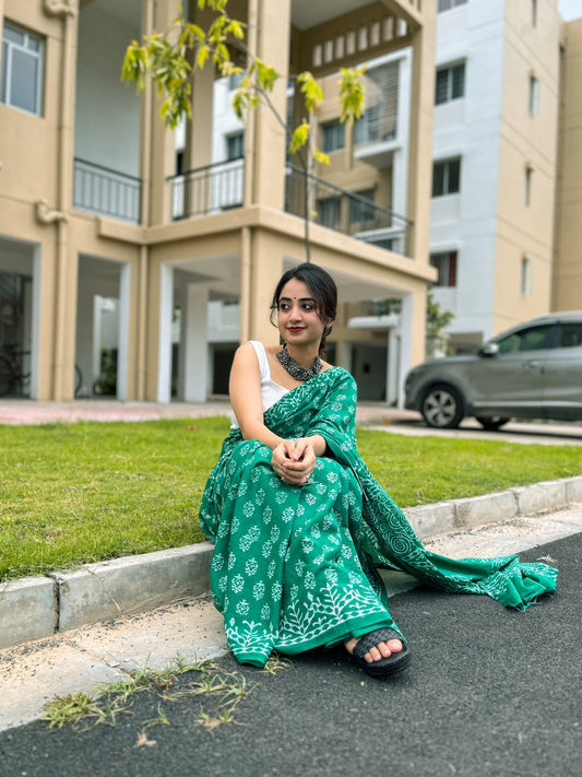 Hari Bhari - Green Handblock Print Natural Dyed - Mulmul Cotton Saree