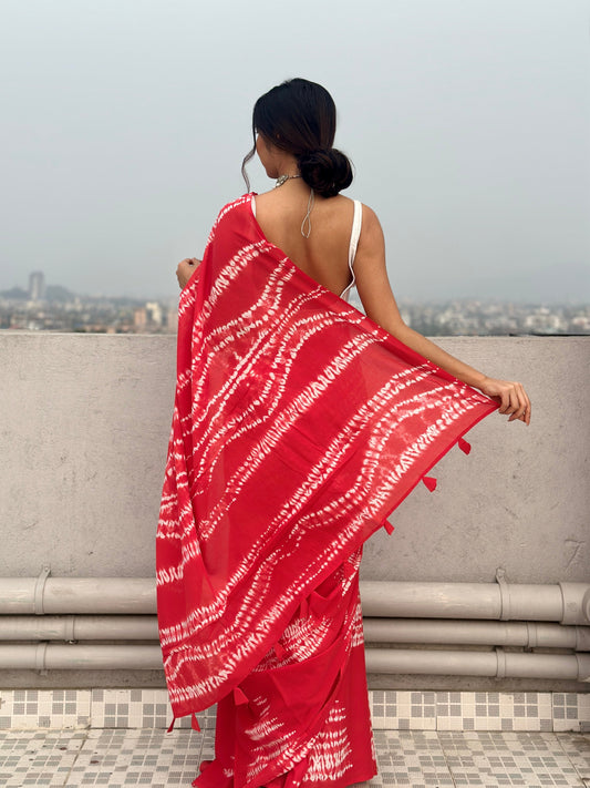 Narangi - Tie & Dye Shibori Print Natural Dyed - Red Mulmul Cotton Saree