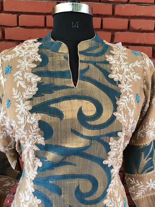 Dark Green Kota Silk Ghaspatti Chikankari Salwar suit