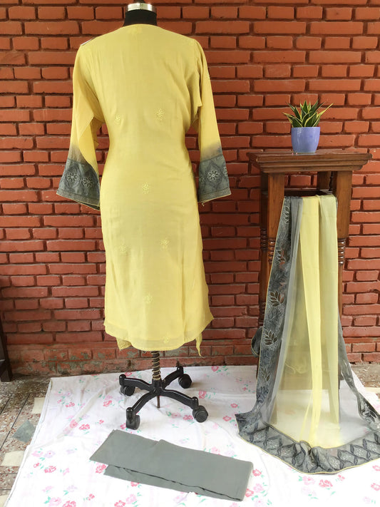 Lemon Yellow Tissue Chanderi Ghaspatti Pure Chikankari Salwar suit