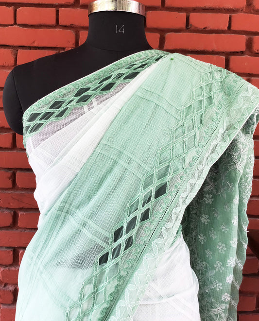 Light Green Kota Doria Cotton Bakhiya Pure Chikankari Saree