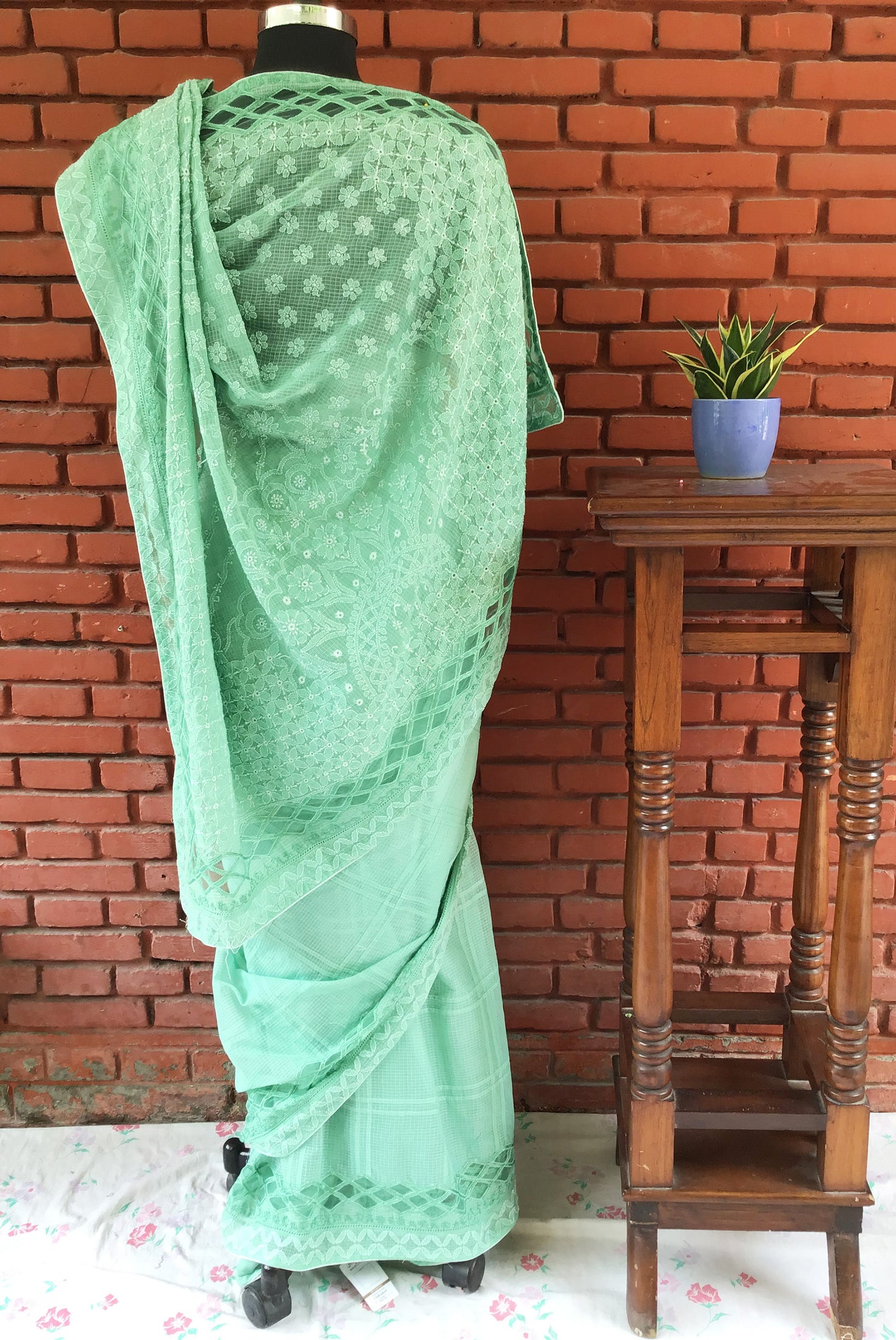 Light Green Kota Doria Cotton Bakhiya Pure Chikankari Saree