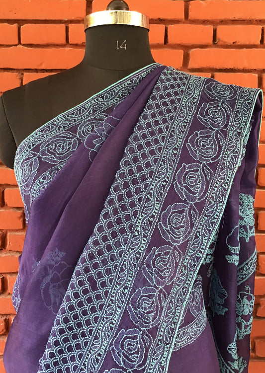 Navy Blue Pure Silk Organza Tepchi Pure Chikankari Saree