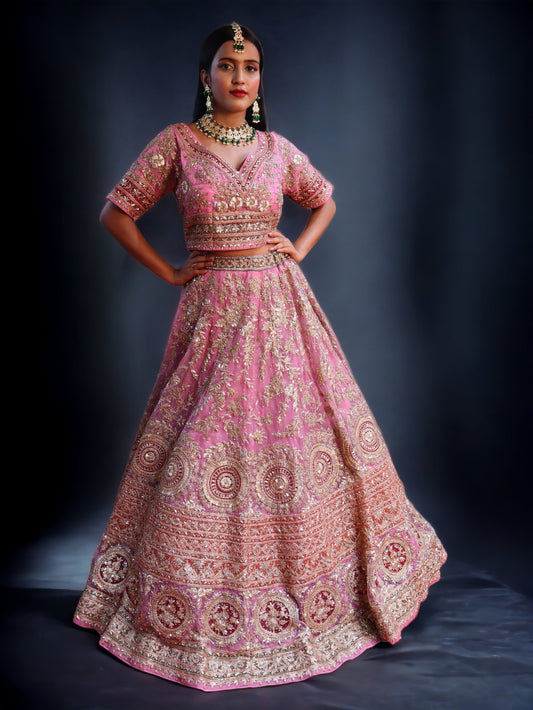 Pink Raw Silk Hand Embroidered Dabka Dardogi Bridal Lehenga
