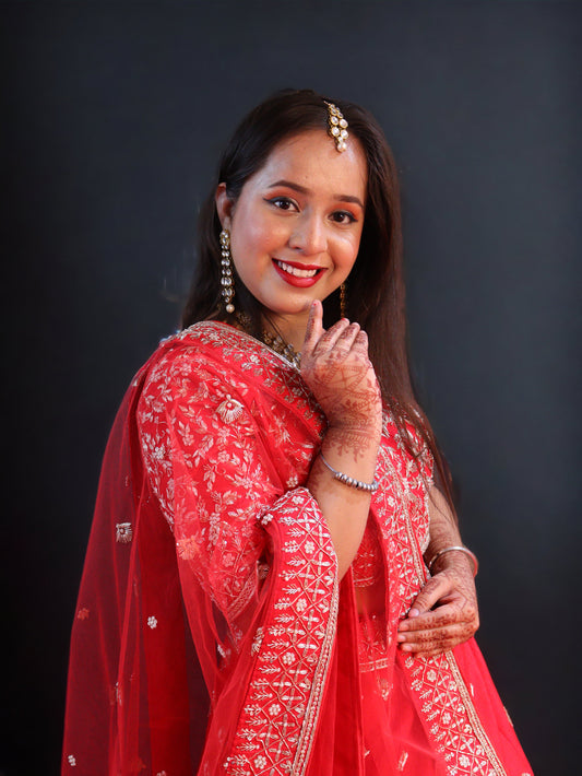 Red Raw Silk Hand Embroidered Gotapatti Bridal Lehenga