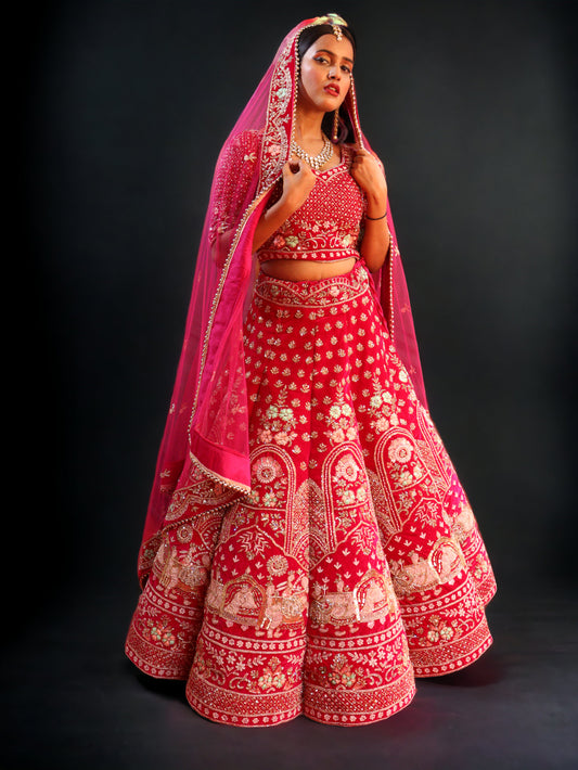 Red Raw Silk Hand Embroidered Doli Baarat Bridal Lehenga