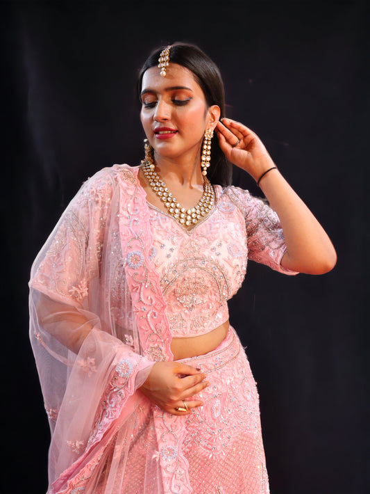Baby Pink Raw Silk Hand Embroidered Pearl Sequence Bridal Lehenga