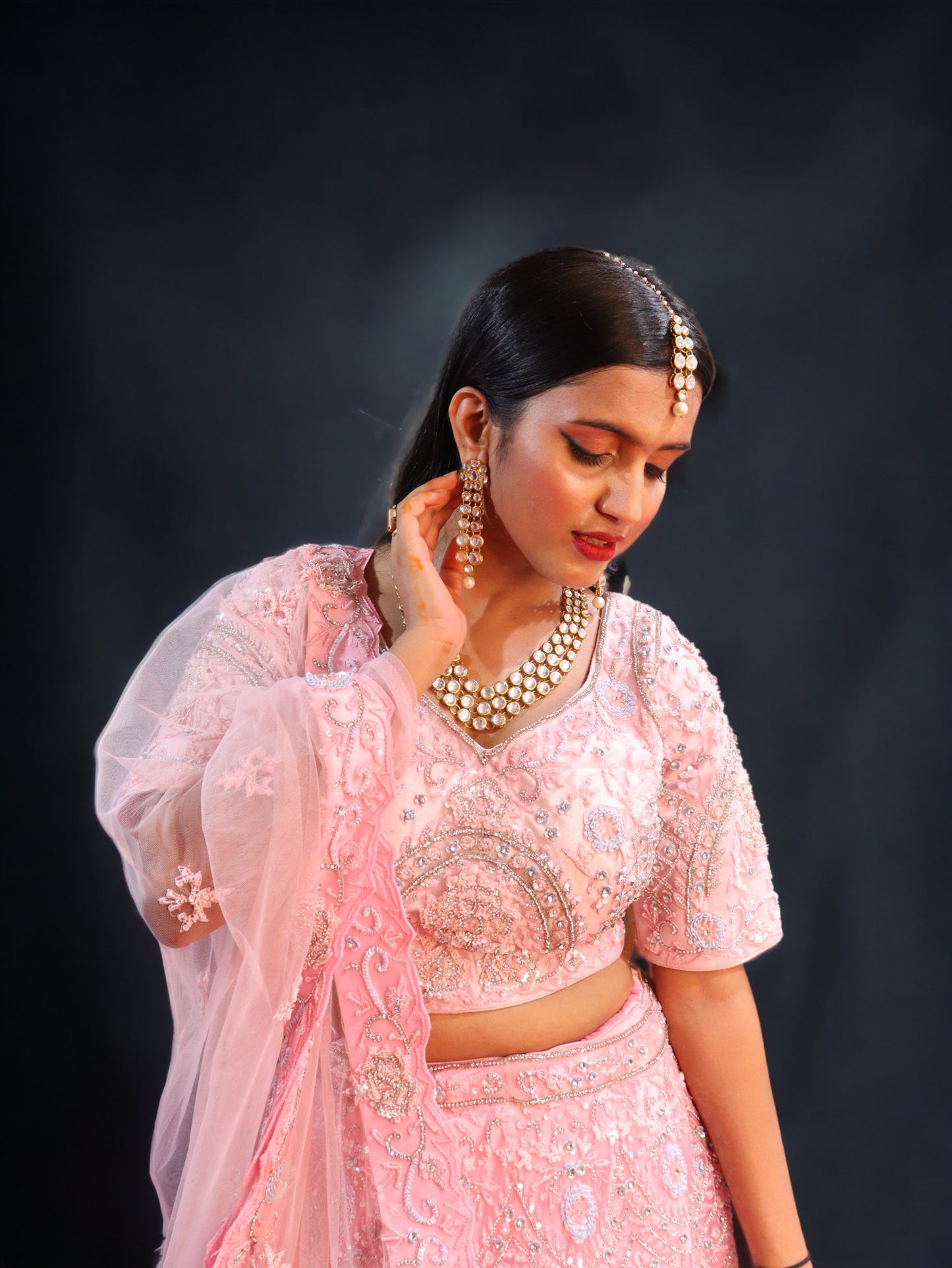 Baby Pink Raw Silk Hand Embroidered Pearl Sequence Bridal Lehenga